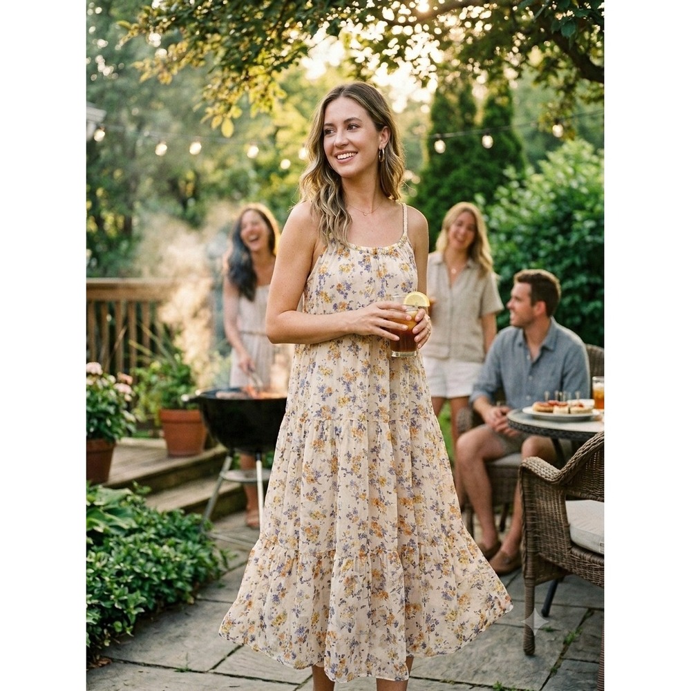 Elena Baldi Italy Silk Blend Floral Maxi Dress M Tiered Sleeveless Summer Boho